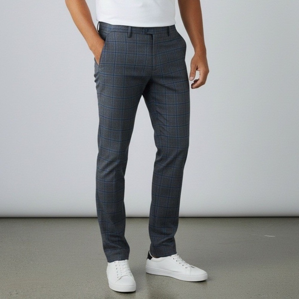 Kenneth Cole Reaction Mens 32x32 Grey Blue Windowpane Plaid Dress‎ Pants Stretch